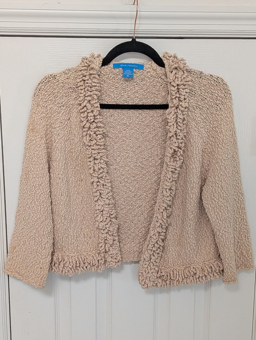 White + Warren Tan Bouclé Trim Open-Front Cropped Cardigan